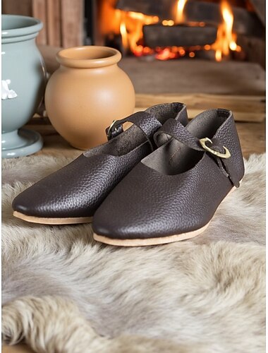  Zapatos de monje medievales de piel sintética marrón para mujer, planos renacentistas del siglo XIV para LARP y cosplay. &festivales históricos