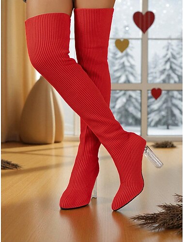  Røde ribbestrikkede damestøvletter med overknee, klar blokkhæl og stilig spiss tå, perfekte til jul, høytidsarrangementer og trendy anledninger.