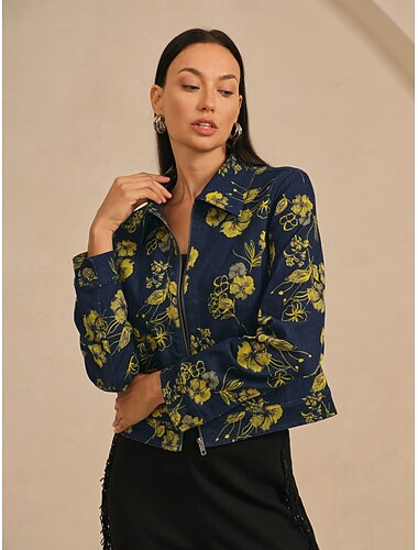  デニムの花柄プリントのカジュアルバケーションデイリージッパージャケット