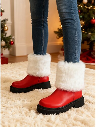 Botas femininas vermelhas com acabamento em pele sintética – botas de inverno aconchegantes para o Natal, ideais para trajes de Natal e reuniões em ambientes fechados   Botas femininas vermelhas com acabamento em pele sintética – botas de inverno aconchegantes para o Natal, ideais para trajes de Natal e reuniões em ambientes fechados