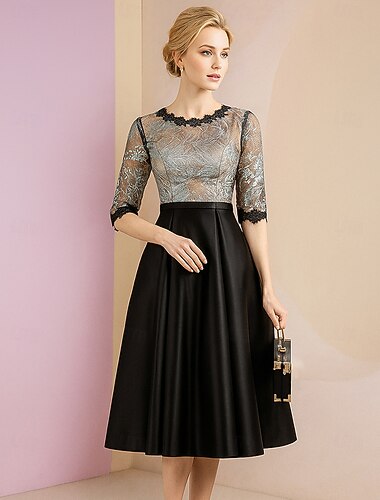  A-linja Polven yli Juhlamekko Coctail-asu Leveähelmainen mekko 3/4 hiha Tiukka pyöreä kaula-aukko Tyylikäs Vintage Luksus Polyesteri Morsiammen äidin asu kanssa Pitsi Laskokset