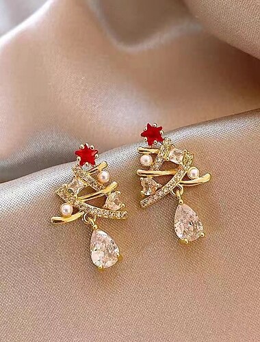  Elegantní vánoční náušnice s perlami, krystaly a detailem červené hvězdy