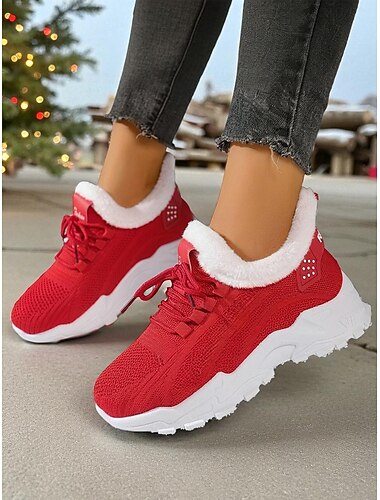  Røde fleeceforede sportssko til dame – varme, pustende løpesko for vinter, jul, reise og fritidsklær