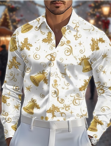  Natale Per uomo Stampa Floreale Palline di Natale Camicia Camicia in raso Camicia elegante Manica Lunga Moda Casual Feste Ferie Primavera Autunno Collo ripiegato Stampa 3D Camicie con bottoni bianco