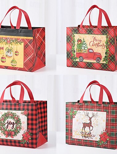  12 multifunktionale Weihnachtstaschen aus Vliesstoff zum Verpacken von Geschenken und zum Einkaufen – Leckerli-Taschen mit Griffen für Weihnachtspartys (4 Stile)