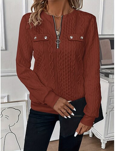  damegenser ensfarget elegant daglig avslappet langermet rund hals v-hals vanlig topper daglig ferie lomme rødbrun hvit rosa blå vår høst vinter vår, høst, vinter, sommer