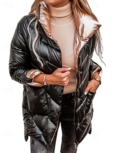  Dame Vinterfrakk Dunjakke Hold Varm Bekvem Glidelås Lomme Moderne Fargeblokk Dagligdagstøy Ut på byen Helg Normal Høy krage Normal Langermet Yttertøy Sølv Svart Champagne Høst Vinter