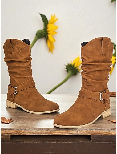  donkerbruine slouchy laarzen voor dames met gesp – casual enkellaarsjes met lage hak voor dagelijks gebruik