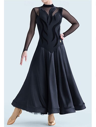  Damen-Ballsaal-Tanzkleid mit langen Ärmeln, Netzstoff, Walzer, Tango, Latein, Wettkampf-Performance-Kleid, eleganter schwarzer fließender Rock mit transparentem Miederdesign