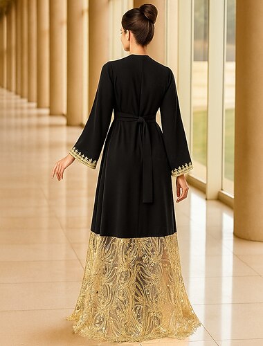  A-الخط طول الأرض فستان رسمي فستان سهرة كم طويل V رقبة أنيق عتيق فاخر رسمي بوليستر فستان أم العروس مع تطريز مكعب التلوين