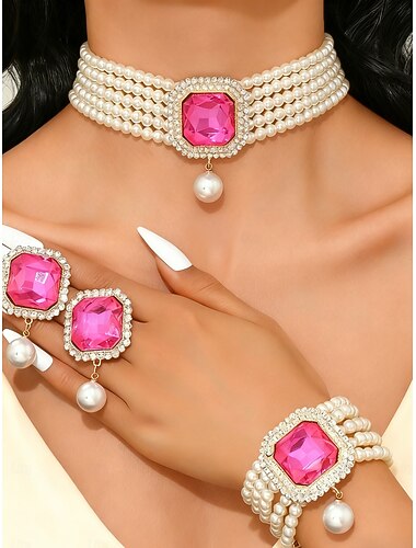  مجموعة مجوهرات نسائية من اللؤلؤ والأحجار الكريمة الخضراء مكونة من 3 قطع، قلادة عتيقة، سوار &خاتم لحفلات عيد الميلاد وهدايا العطلات &أمسيات أنيقة