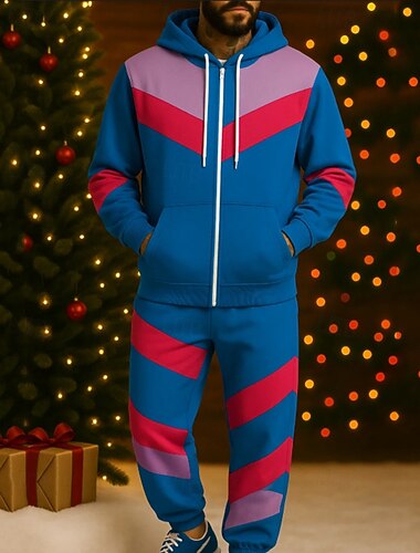  Natale Per uomo Tuta da 2 pezzi Felpa con cappuccio Lounge Felpa con zip intera Cerniera completa con tasca Blocco di colori Completo Abbigliamento Primavera Blu Viaggio Corsa Traspirante Manica Lunga