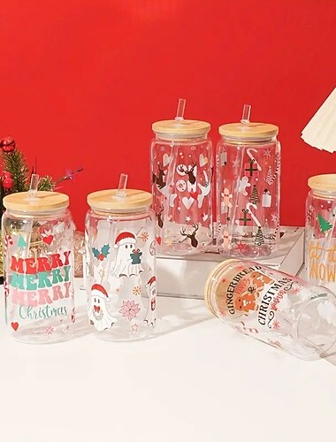  16oz kestävä joulukuvioinen uudelleenkäytettävä olkimuki bambukannella &pilli - vuotamaton kuppi, matkamuki jääkahville, smoothieille, pirtelöille, juhliin, retkeilyyn, toimistoon