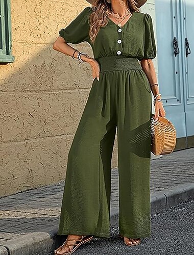 Damen Overall Elegant Einfarbig Kurzarm Weites Bein V Ausschnitt Tasche Knöpfe Urlaub Täglich Normale Passform Schwarz Wein Armeegrün Sommer   Damen Overall Elegant Einfarbig Kurzarm Weites Bein V Ausschnitt Tasche Knöpfe Urlaub Täglich Normale Passform Schwarz Wein Armeegrün Sommer