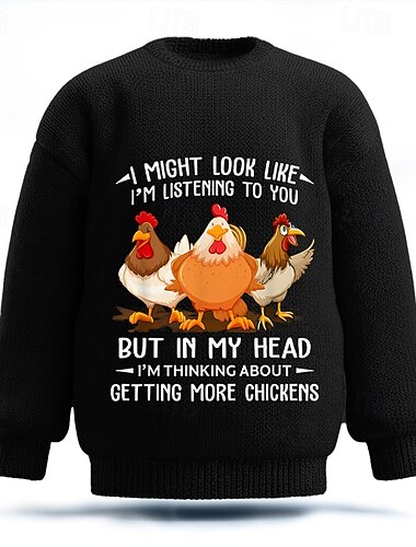  Jeg ser kanskje ut som jeg lytter til deg, men i hodet mitt tenker jeg på å skaffe meg flere kyllinger, herrehane, 3D-tegneseriegenser, strikkegenser, rund hals, avslappet ferie, gate, daglig 3D-trykk