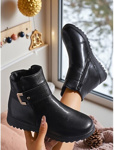  Dames vinterstøvler i svart kunstskinn, varme fleecefôrede, sklisikre støvletter, koselige utendørssko for kaldt vær &juleklær