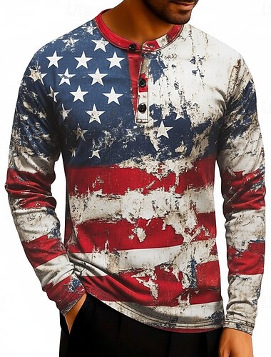  رجالي العلم الأمريكي قميص هينلي تي الأعلى كم طويل موضة لطيف يوميا فضفاض مناسب للعطلات مناسب للخارج ربيع & الصيف كل الفصول #1 هينلي تي شيرت هنلي