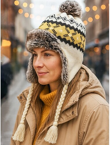  Weihnachtsmütze für Damen mit Fair-Isle-Muster und Kunstfellfutter, mehrere Farben, perfekt für Wintermode und als Weihnachtsgeschenk