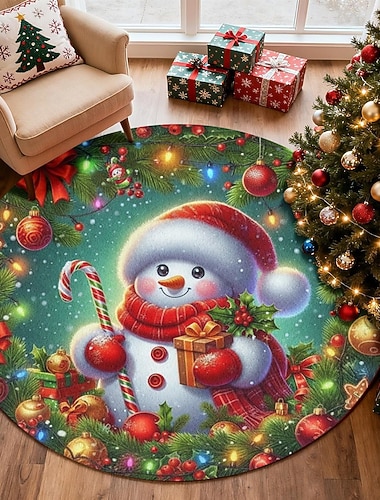  Weihnachts-Schneemann runder Teppich für Wohnzimmer und Schlafzimmer Faux Cashmere Fröhliche Weihnachten Teppich weicher rutschfester maschinenwaschbarer Teppich festliche Urlaubsmatte 4ft