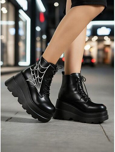  Botas plataforma pretas femininas com design de teia de aranha - botas grossas de cano curto com cadarço para Halloween, cosplay e bailes de máscaras, estilo punk e gótico, confortáveis para uso o dia