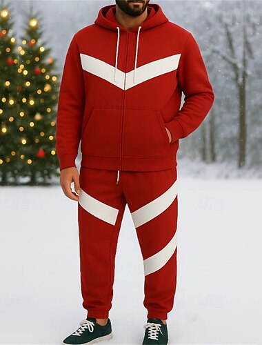  Natale Per uomo Tuta da 2 pezzi Felpa con cappuccio Lounge Felpa con zip intera Cerniera completa con tasca Blocco di colori Completo Abbigliamento Primavera Rosso Viaggio Corsa Traspirante Manica