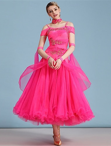  Damekjole med ballroom-dans, knallrosa, strass- og blomsterapplikasjon, lagdelt organza, elegant vals-tango-foxtrot-konkurransekjole