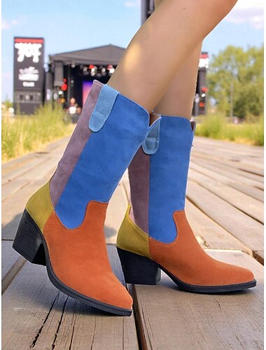  レディースのカラーブロックスエードミッドカーフカウボーイブーツ、音楽フェスティバル、ストリートスタイル、ボヘミアンスタイルにぴったりのレトロなウエスタンチャンキーヒールブーツ