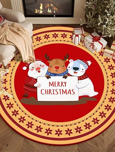  Rund rød julegulvmatte, absorberende hurtigtørkende sklisikkert dekorativt teppe til inngang, stue