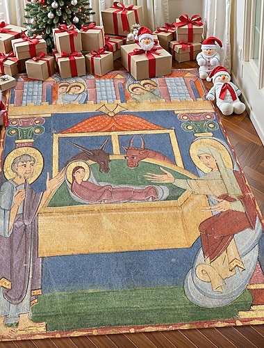  Krippe Teppich für Wohnzimmer und Schlafzimmer Faux Kaschmir Jesus Geburts Teppich mit Maria Josef und Baby Jesus religiöse Weihnachtskunst weich rutschfest maschinenwaschbar Teppich,