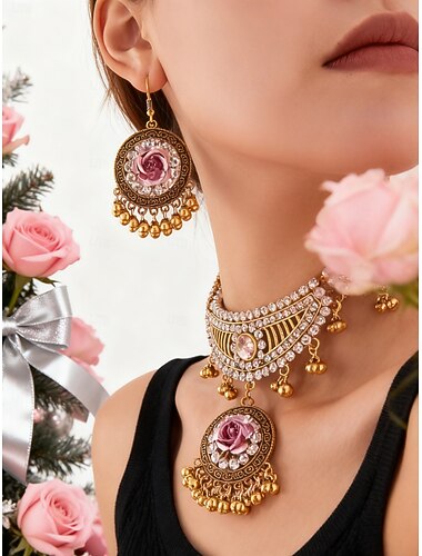  dames rode rozen kristal sieradenset voor kerstfeest, vintage gouden choker ketting en statement oorbellen set voor feestdagen &formele gelegenheden