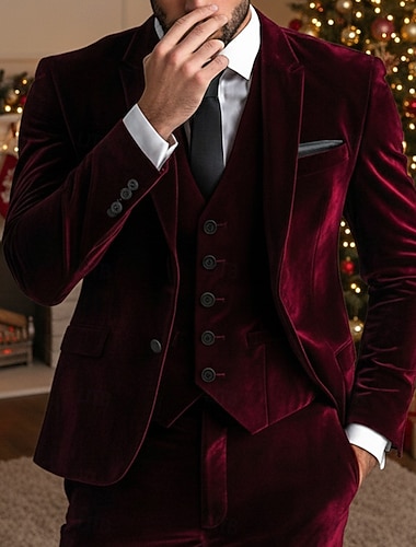 Męskie garnitury welurowe na wesele, świąteczne przyjęcie, z klapami w szpic, żółte, bordowe, formalne, w jednolitym kolorze, dopasowane, 3-częściowe, jednorzędowe, zapinane na jeden guzik