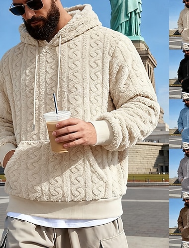  Homme Jacquard Sweat à capuche Sweat à capuche en polaire Abricot Noir Marron Gris Bleu clair À capuche Uni Poche kangourou Texturé Sport & Loisir Occasionnel Quotidien Streetwear Frais Vêtements de