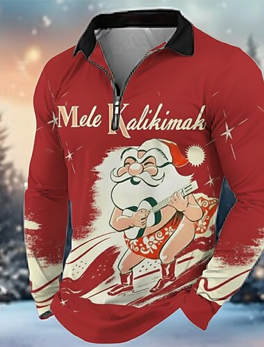  عيد الميلاد المجيد رجالي بابا نويل بولو ستايل كم طويل طوي أنيق و مميز الحديث وقت الفراغ الرياضة & في الخارج كاجوال / يومي مهرجان سحاب طباعة ثلاثية الأبعاد الربيع الخريف الشتاء أسود أبيض أحمر