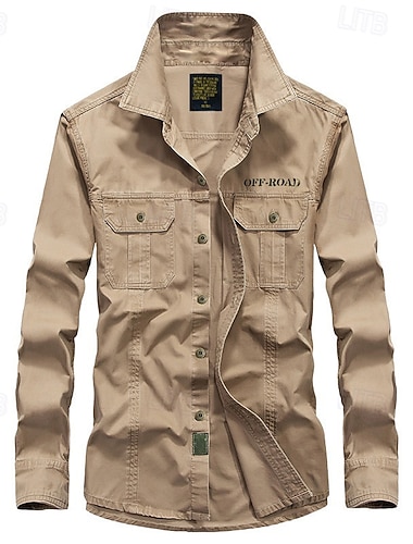  Herre cargoskjorte Skjorte til turbruk Taktisk militær skjorte Langermet Aftæpning Topper Utendørs Pustende Bomull Militærgrønn Kakifarget Mørkeblå Jakt Trene Reise