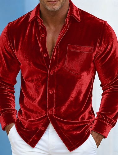  Per uomo Camicia Camicia casual Camicia di Natale Camicia di velluto Vino Blu reale Marrone Verde Manica Lunga Tinta unica Semplice Colletto a Camicia Carnevale Natale Tasca Abbigliamento Natale