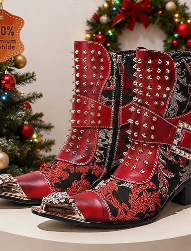  Pánské červené gotické kotníkové boty s cvočky – punk rockové kožené boty s přezkou a bočním zipem na koncerty, festivaly a párty