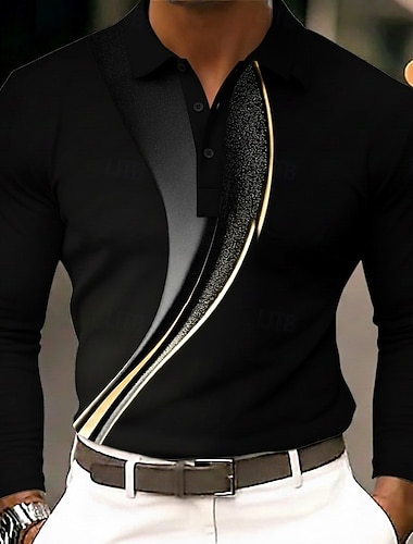  Ανδρικά Αφηρημένο Γεωμτερικό Πόλο Μακρυμάνικο Μπλουζάκια πόλο Πέτο Business Casual Καθημερινά Ρούχα 3D εκτύπωση Κουμπιά Άνοιξη Φθινόπωρο Χειμώνας Μαύρο