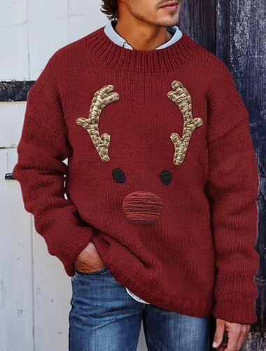  Ugly Christmas Sweater Men's Elk Pullover Sweater Jumper Knitwear Crewneck Casual Vacation Street Daily 3D Print Knitting Keep Warm Long Sleeve Spring Fall Winter Red Green Apricot
