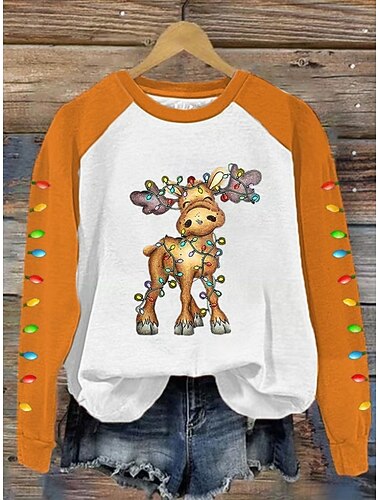  בגדי ריקוד נשים סווטשירט סוודר גראפי חיה אייל אופנתי יום יומי שרוול ארוך צווארון עגול קצר חולצות רגילות רחוב לבוש ליום קזו'אל דפוס אודם כתום תלתן אפור סתיו חורף