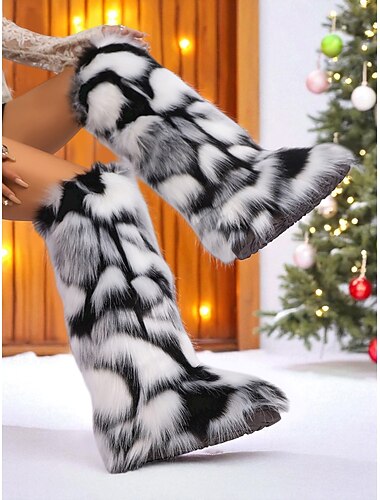  stivali alti fino al ginocchio in pelliccia sintetica da donna – stampa in bianco e nero, comode calzature invernali per un freddo all'avanguardia e uno stile vacanziero