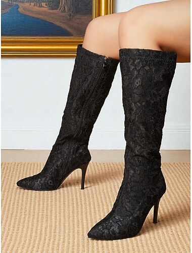  מגפי סטילטו שחורים תחרה עד הברך לנשים - מגפי ערב בסגנון גותי אלגנטיים עם עקב גבוה לנשים, מושלמים למסיבות ערב, אופנה &אירועים רשמיים