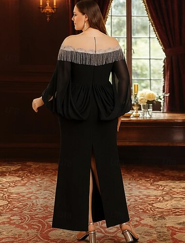  Sjöjungfru / trumpet Golvlång Formell klädsel Aftonklänning Långärmad Över axeln Elegant Vintage Polyester Klänning till brudens mor med Bård Broderad