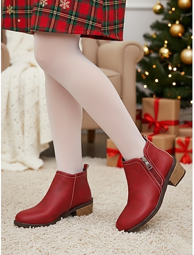 Botines rojos con cremallera para mujer: elegantes botines de piel sintética con tacón de bloque para Navidad, ropa informal y de trabajo.