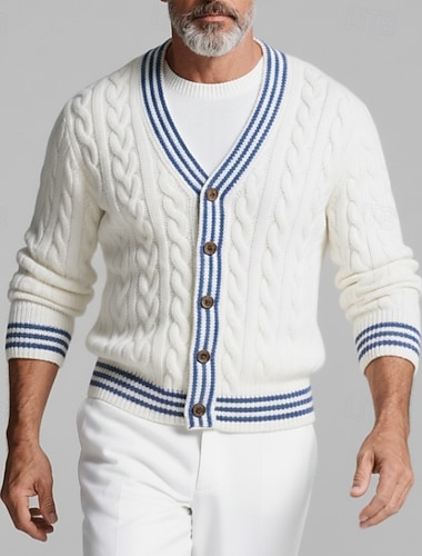Herren Pullover Strickjacke Gerippt Zopfmuster Stricken Normale Oberteile Gestrickt Einfach V Ausschnitt Urlaub Vintage Lässig Alltagskleidung Bekleidung Frühling & Herbst Weiß S M L   Herren Pullover Strickjacke Gerippt Zopfmuster Stricken Normale Oberteile Gestrickt Einfach V Ausschnitt Urlaub Vintage Lässig Alltagskleidung Bekleidung Frühling & Herbst Weiß S M L