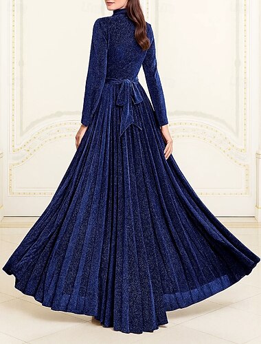  Linea ad A Lunghezza al pavimento Abito Formale Abito da sera Manica Lunga Scollo a V Elegante Vintage Lussuoso Poliestere Abito da cerimonia per signora con Pieghe Paillettes