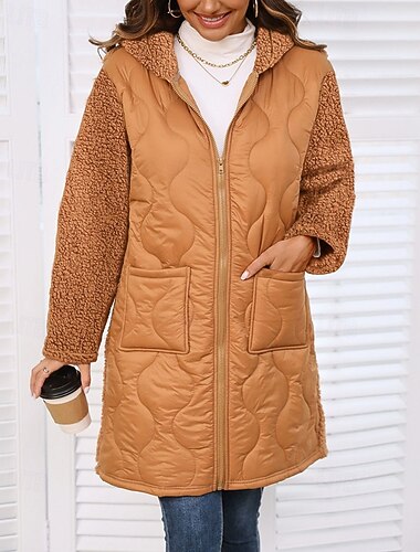  Mujer Abrigo de invierno Abrigo de peluche Mantiene abrigado Cómodo Retazos Cremallera Bolsillo Moda Casual Color sólido Vacaciones Calle Casual Ropa Cotidiana Largo Con Capucha Ajuste regular Manga