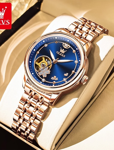  OLEVS נשים שעון מכני פאר צג גדול ריינסטון עסקים שלד זורח צלילה עמיד במים עור רצועת נירוסטה שעון