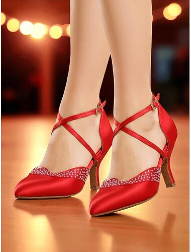  Damskie czerwone satynowe buty do tańca towarzyskiego - zakryte palce, wysokie czółenka z paskiem na krzyż i zdobieniem z kryształków na imprezę w stylu Gatsby'ego &profesjonalna impreza taneczna