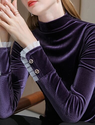  Damen Samt Elegant Bluse Einfach Elegant Täglich Stilvoll Langarm Stehkragen Normale Oberteile Täglich Ferien Ausgehen Knöpfe Schwarz Purpur Herbst Winter