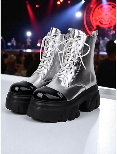 Γυναικείες χρυσές μεταλλικές πανκ μπότες πλατφόρμας της δεκαετίας του 1980 με μαύρη μύτη, χοντρές μπότες με δετά κορδόνια για σκηνές K-pop Idol για συναυλίες και χορευτικές παραστάσεις &μόδα